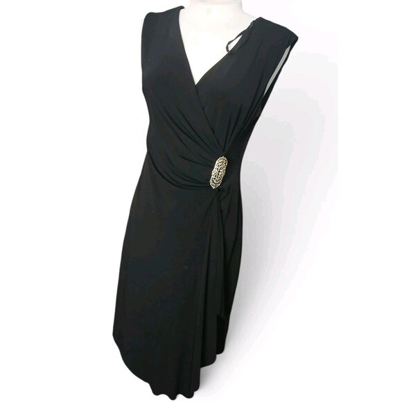 Enfocus Studio Dresses & Skirts - Enfocus Studio Black Ruched Midi Dress Rhinestone Brooch V-Neck Women's Size 8